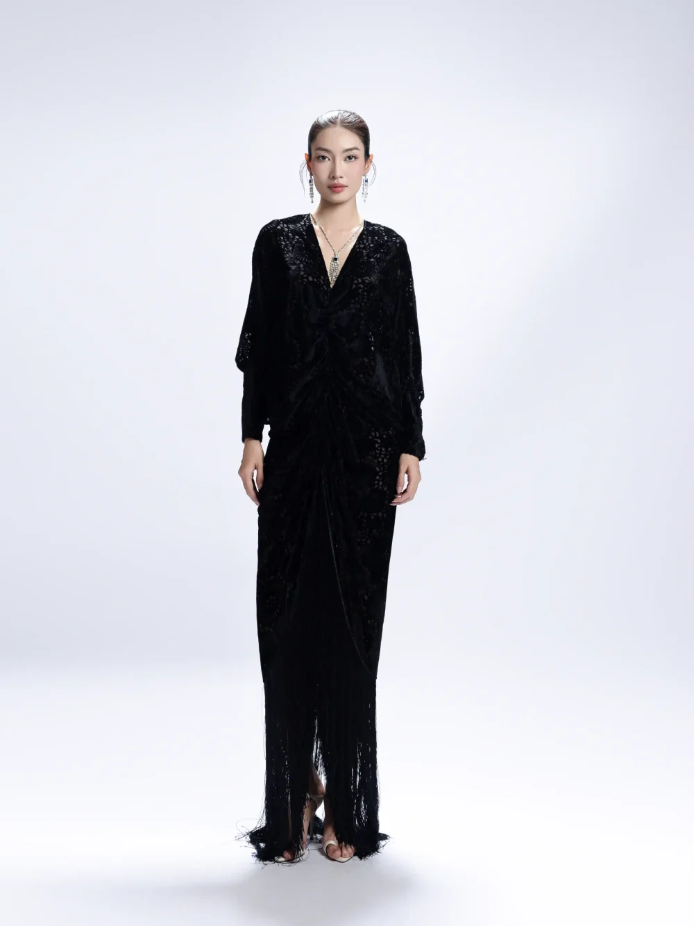 Mesh Front-Ruched Maxi Dress