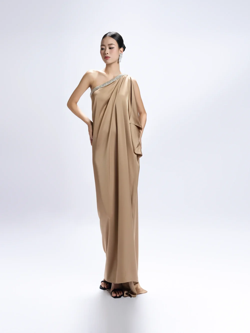 Asymmetrical Beaded Neck Maxi Dress