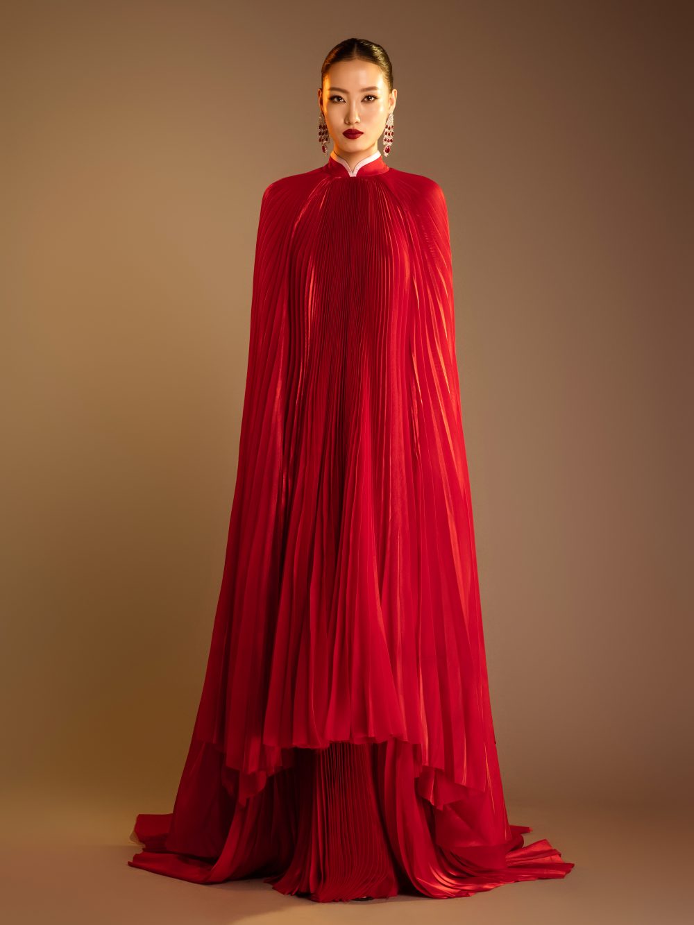 Sunray Pleated High-Neck Cape Gown