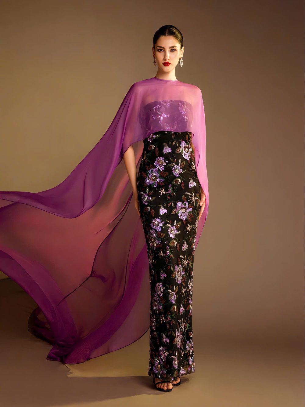 Strapless Sequin Dress With Long Train Cape