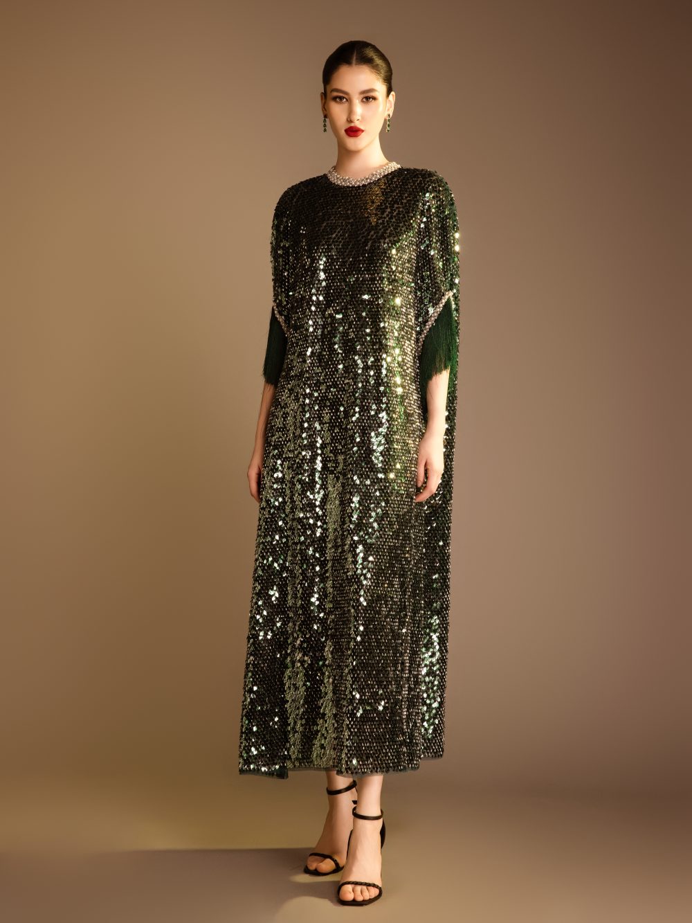 Pearl-Trimmed Sequin Midi Dress