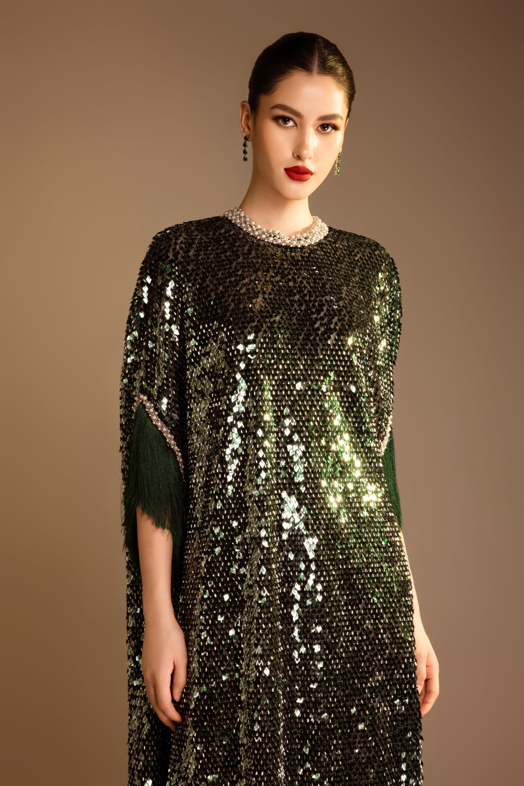 Pearl-Trimmed Sequin Midi Dress