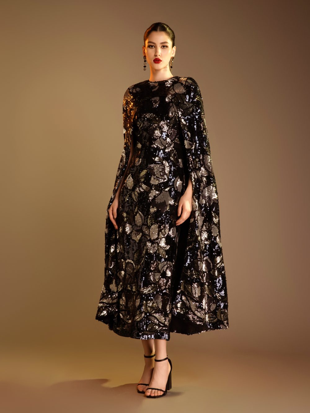 Midi Sequin Dress With Cape