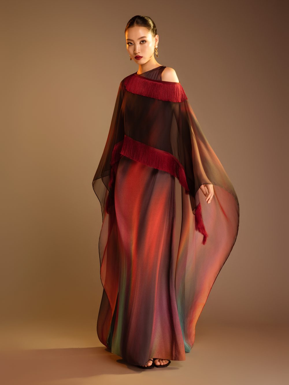 Printed Dress With Detachable Fringed Cape