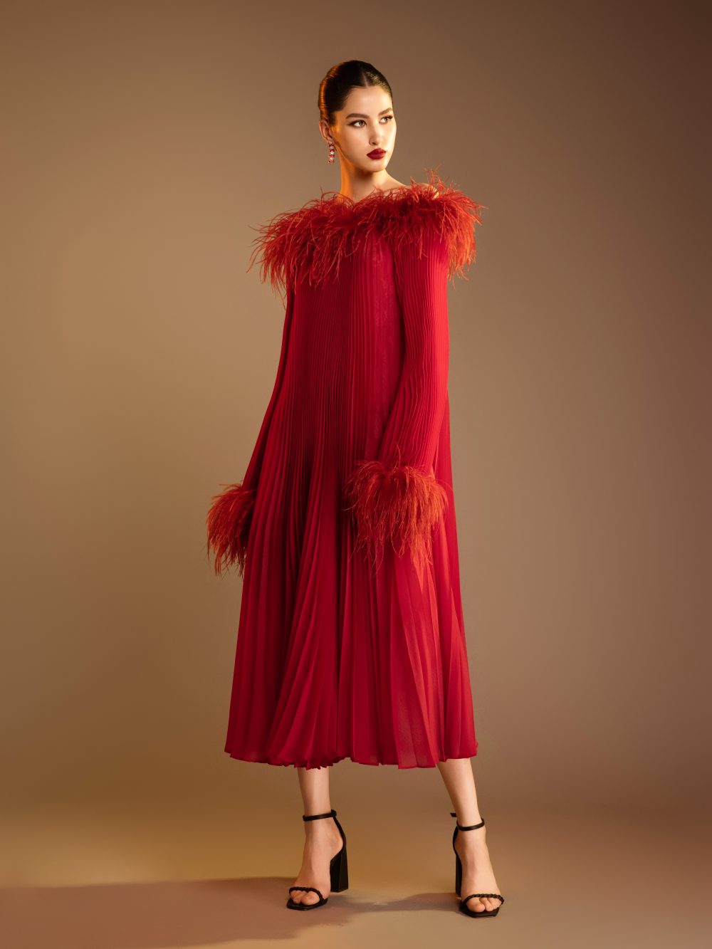 Ostrich Feather Trim Pleated Dress