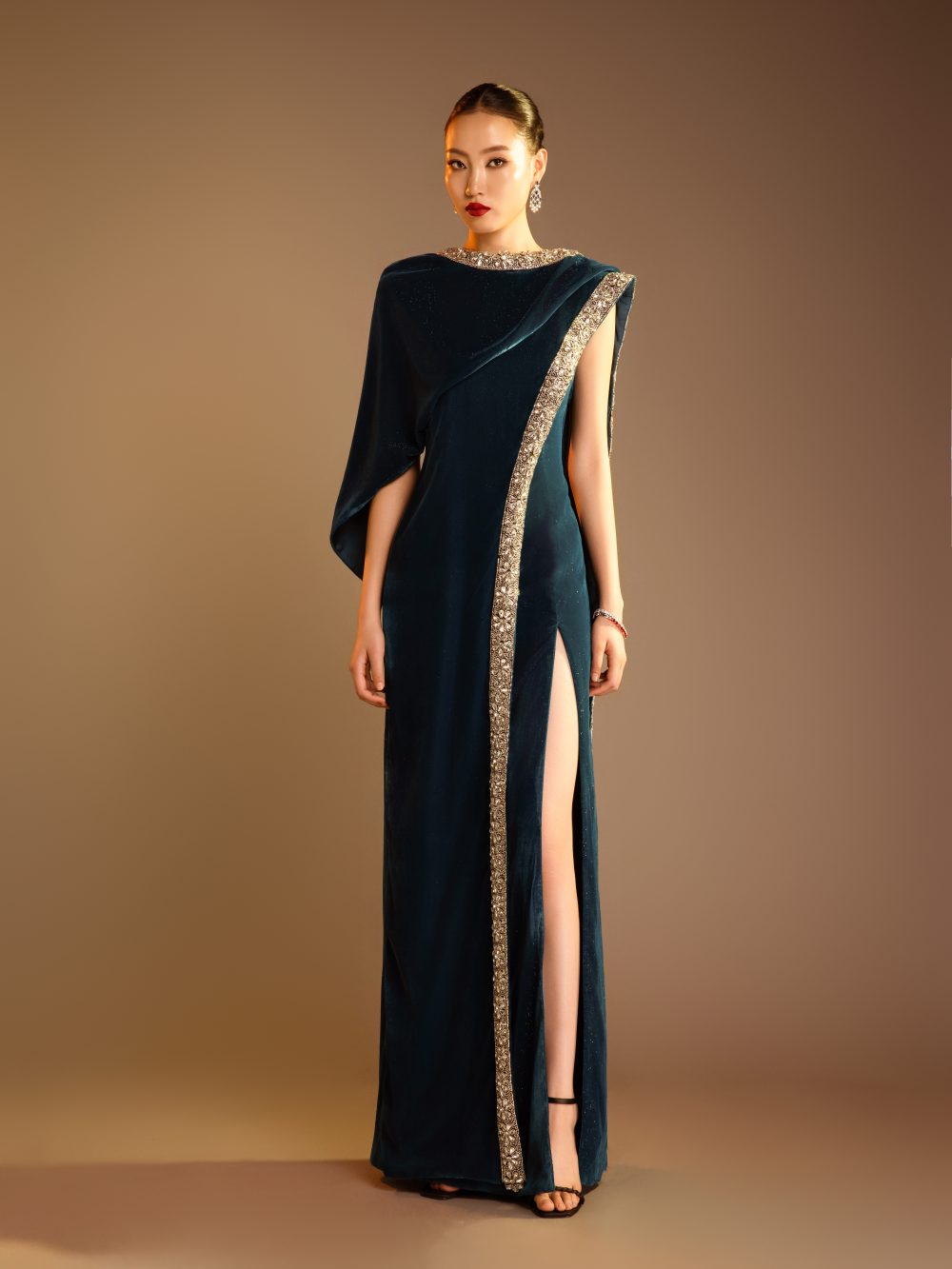 Asymmetrical Gem Embellished Trim Velvet Dress