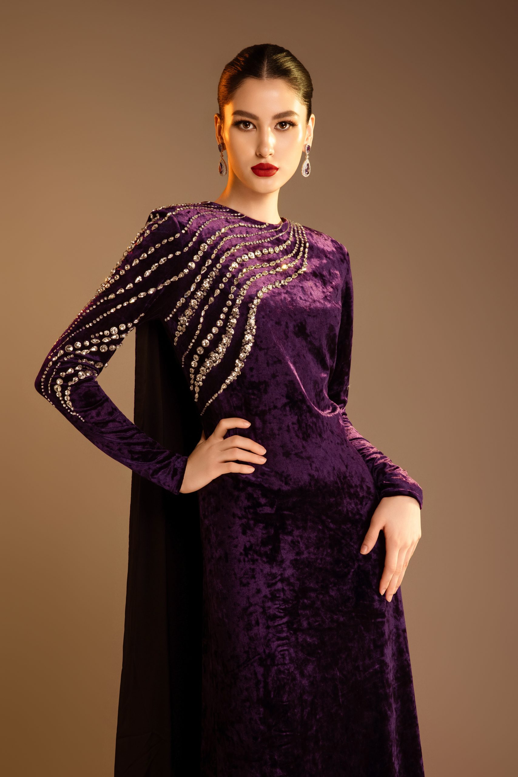Long Sleeve Gem Embellished Velvet Dress