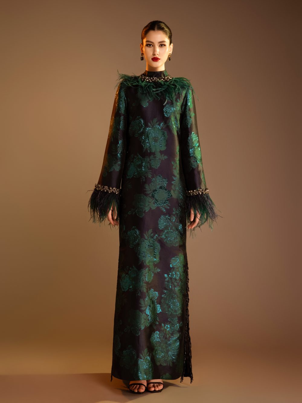 Brocade Maxi Dress With Ostrich Feather Trim