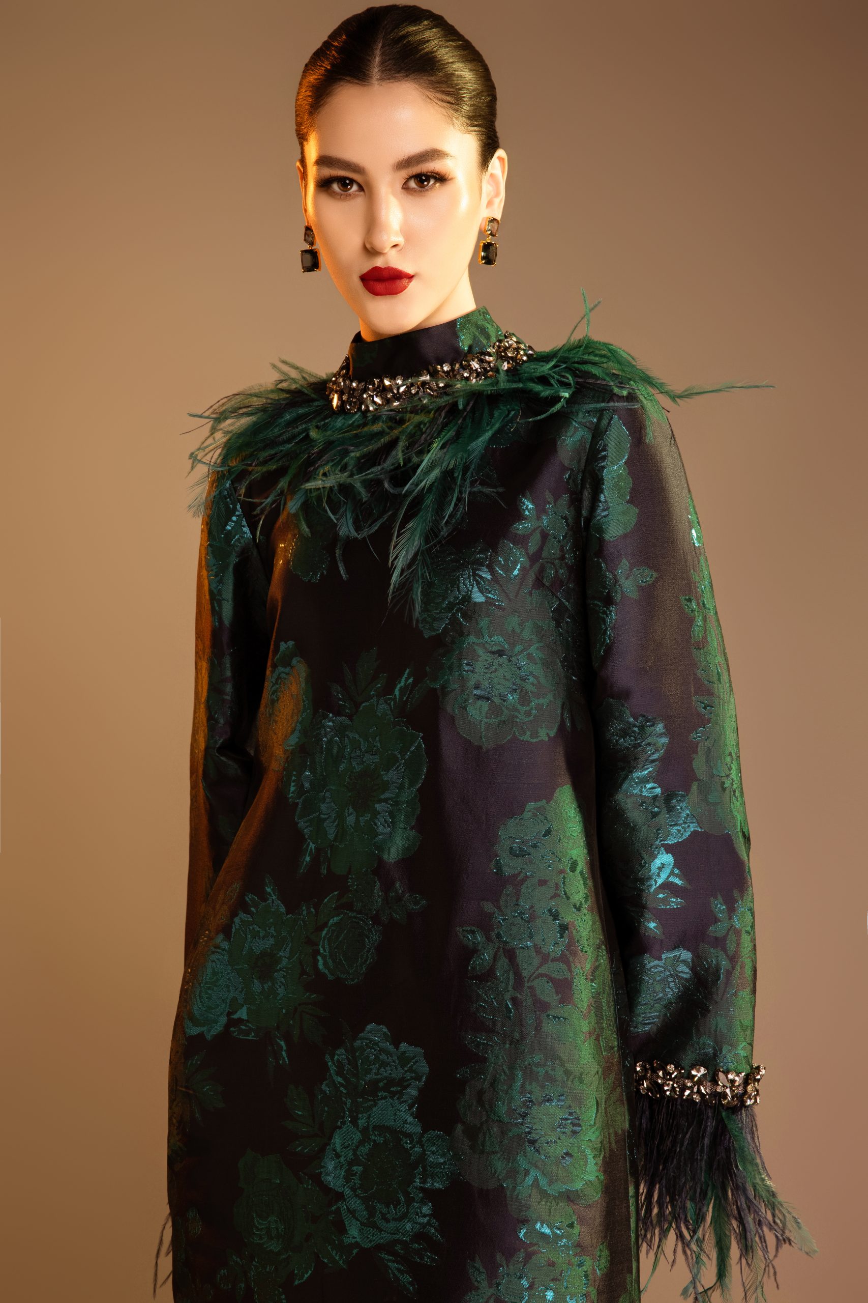 Brocade Maxi Dress With Ostrich Feather Trim
