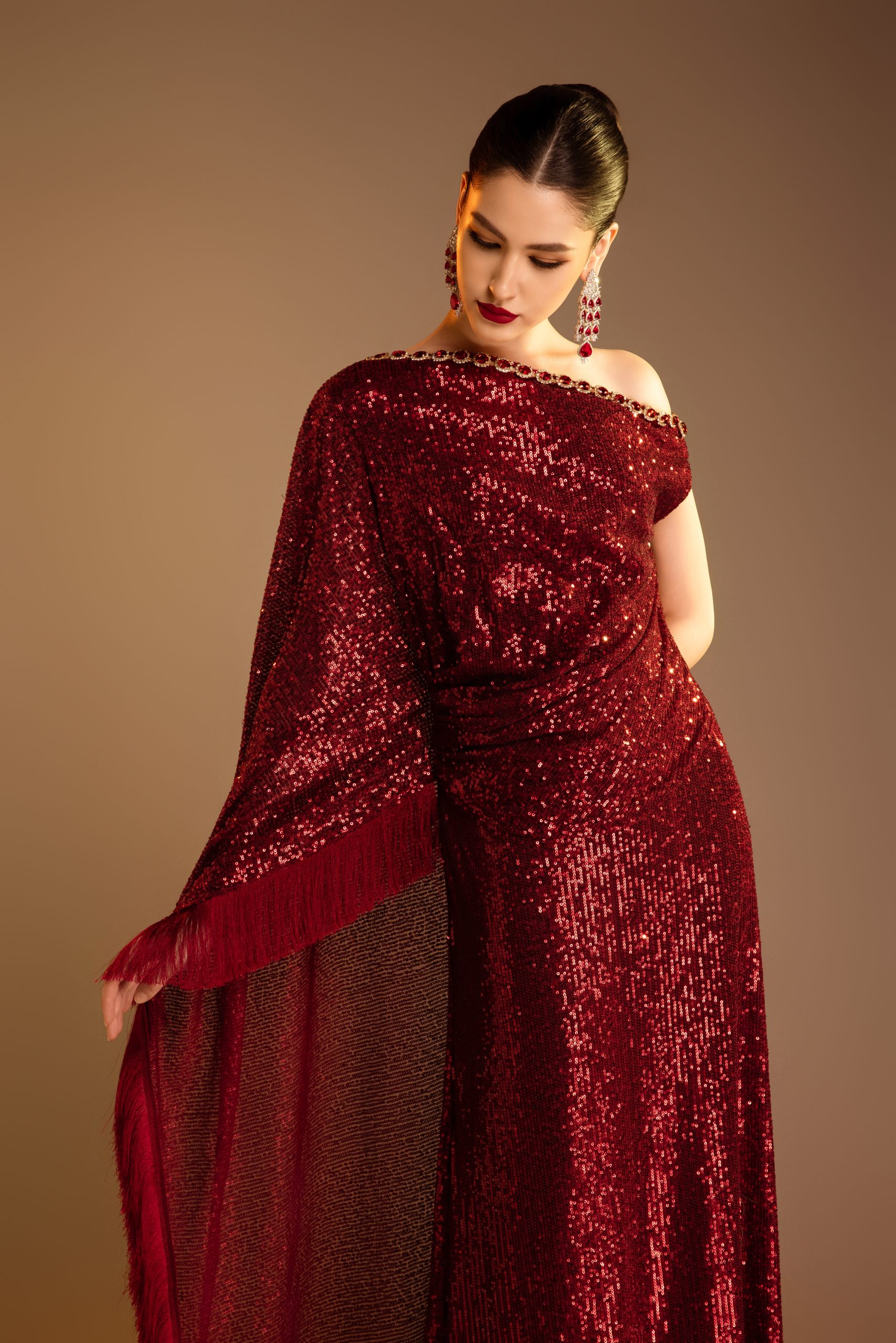 One Shoulder Draped Sequin Dress