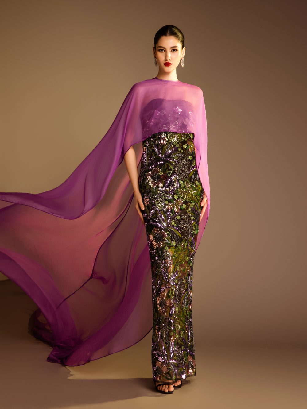 Strapless Sequin Dress With Long Train Cape