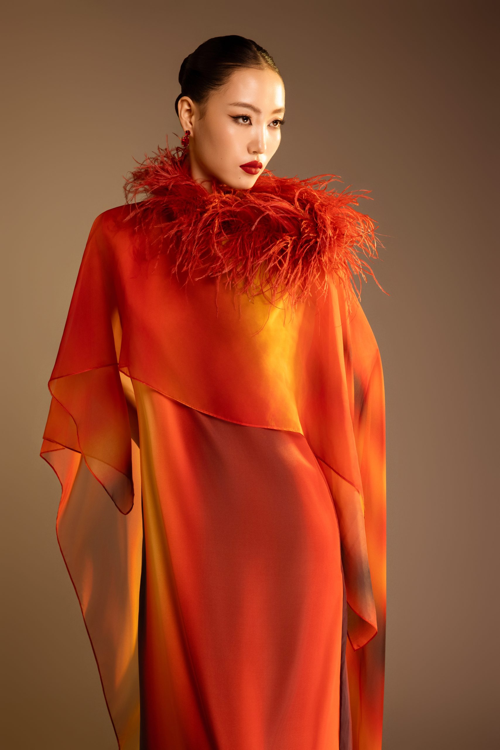 Printed Dress With Detachable Ostrich Feather Trim Cape