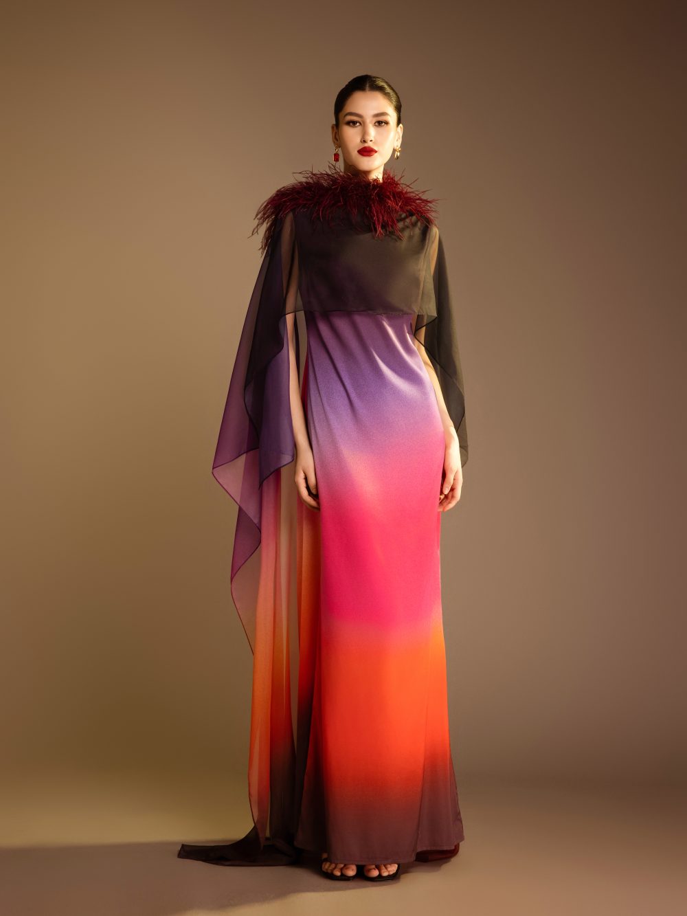 Printed Dress With Detachable Ostrich Feather Trim Cape