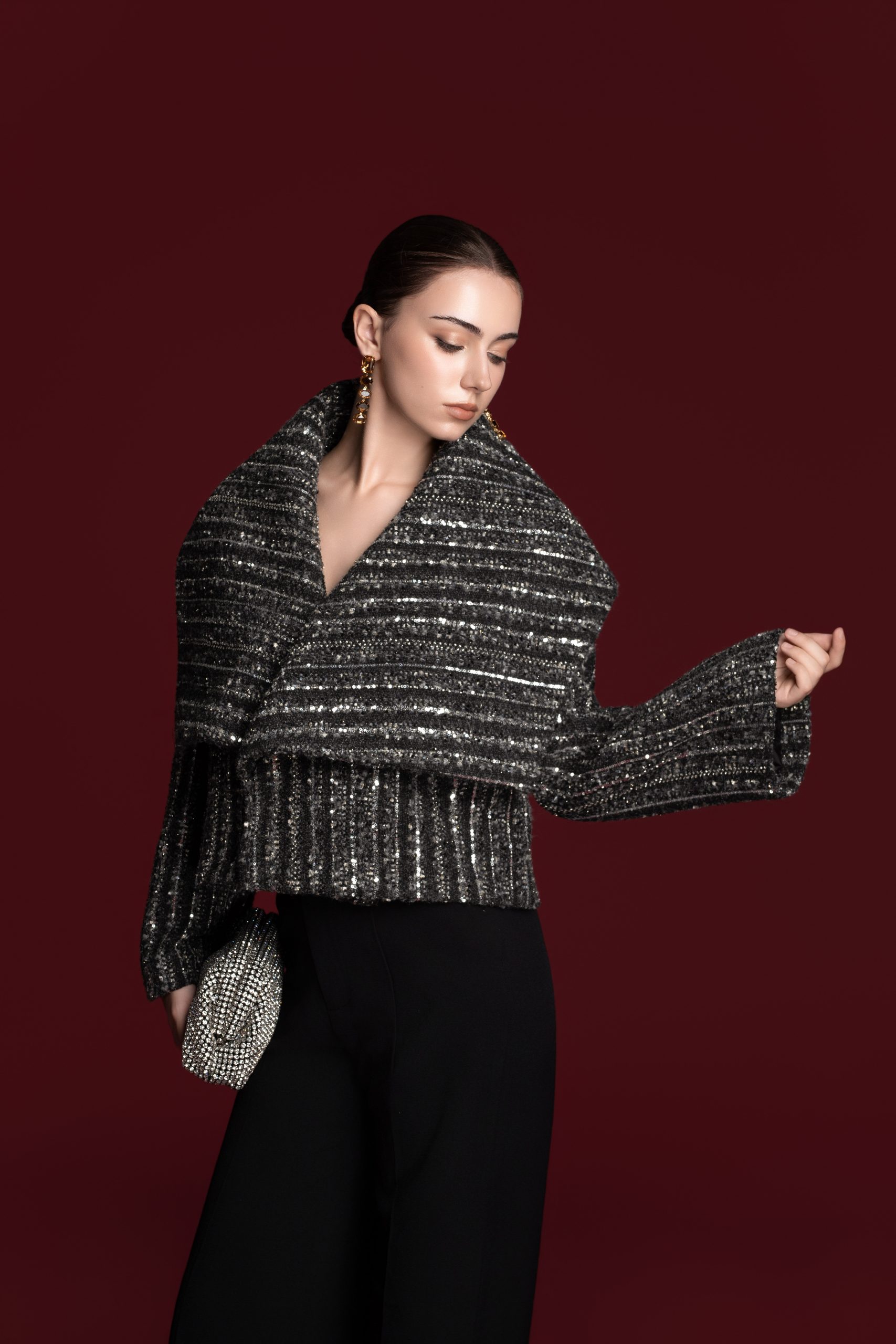 Metallic Tweed Cowl Jacket