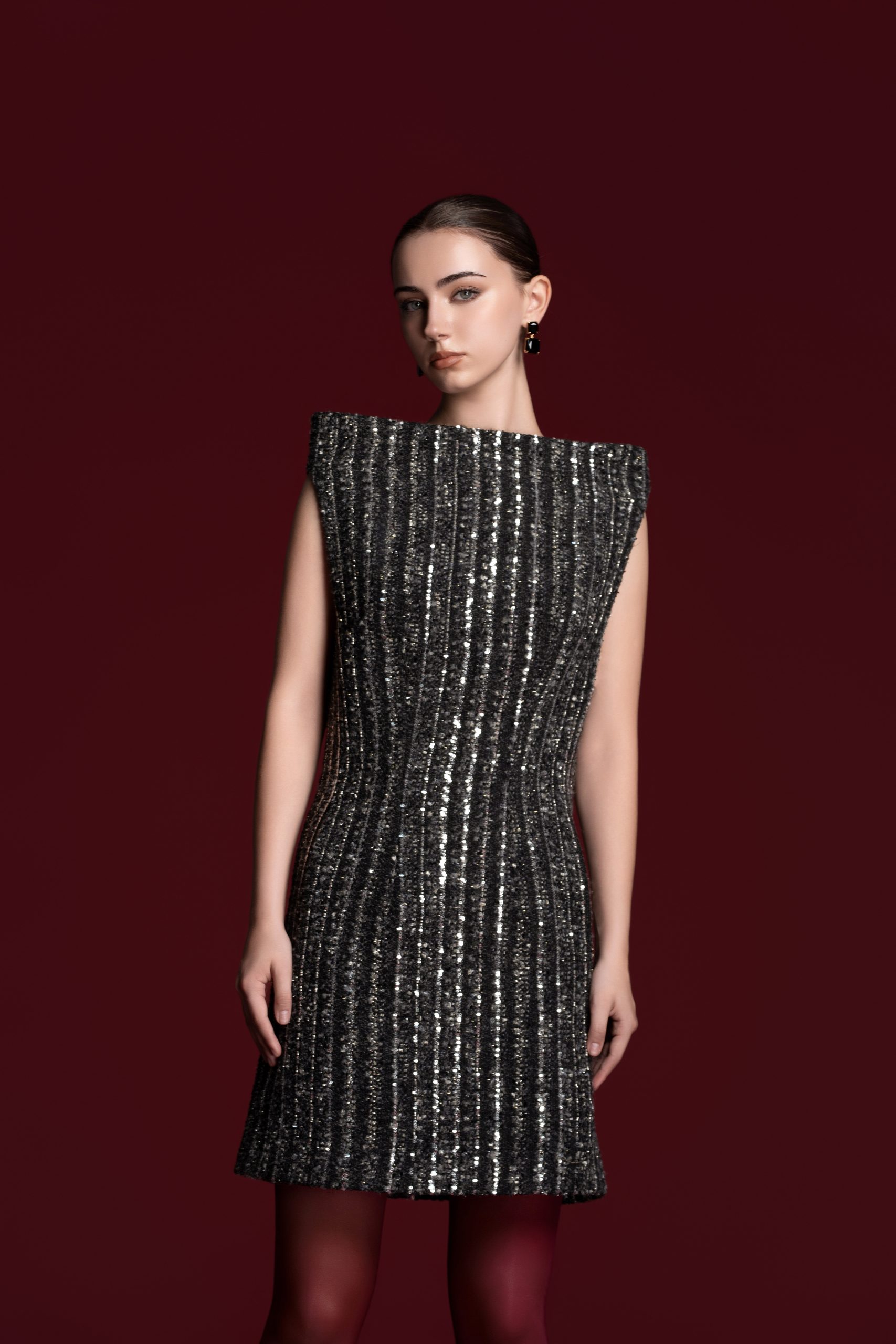 Sleeveless Metallic Tweed Dress
