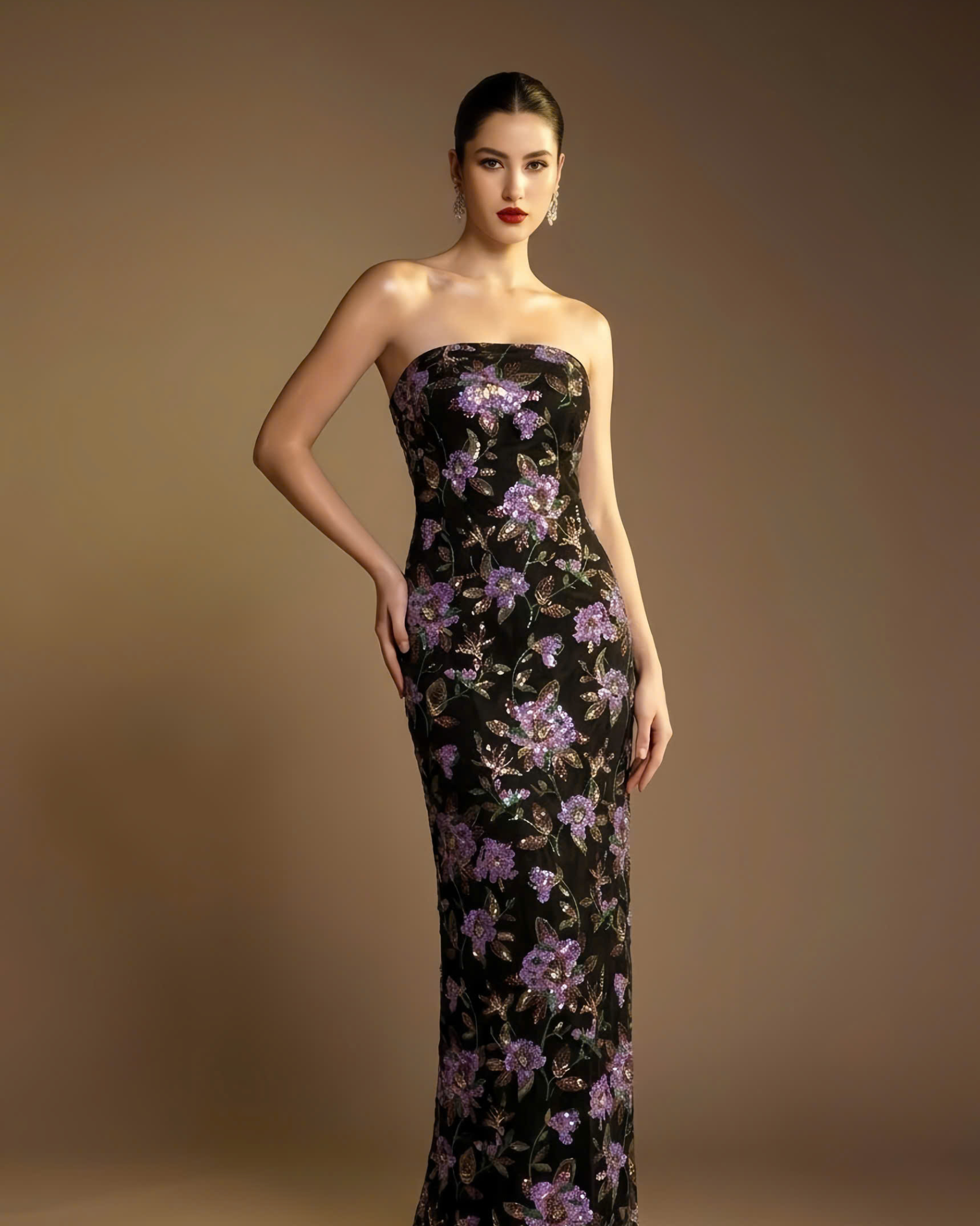 Strapless Sequin Dress With Long Train Cape